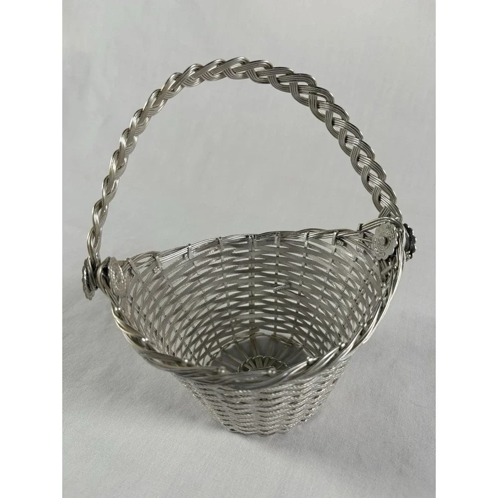 1960s Avon Woven Basket Silver Tone Aluminum Hinged Handle 6.5